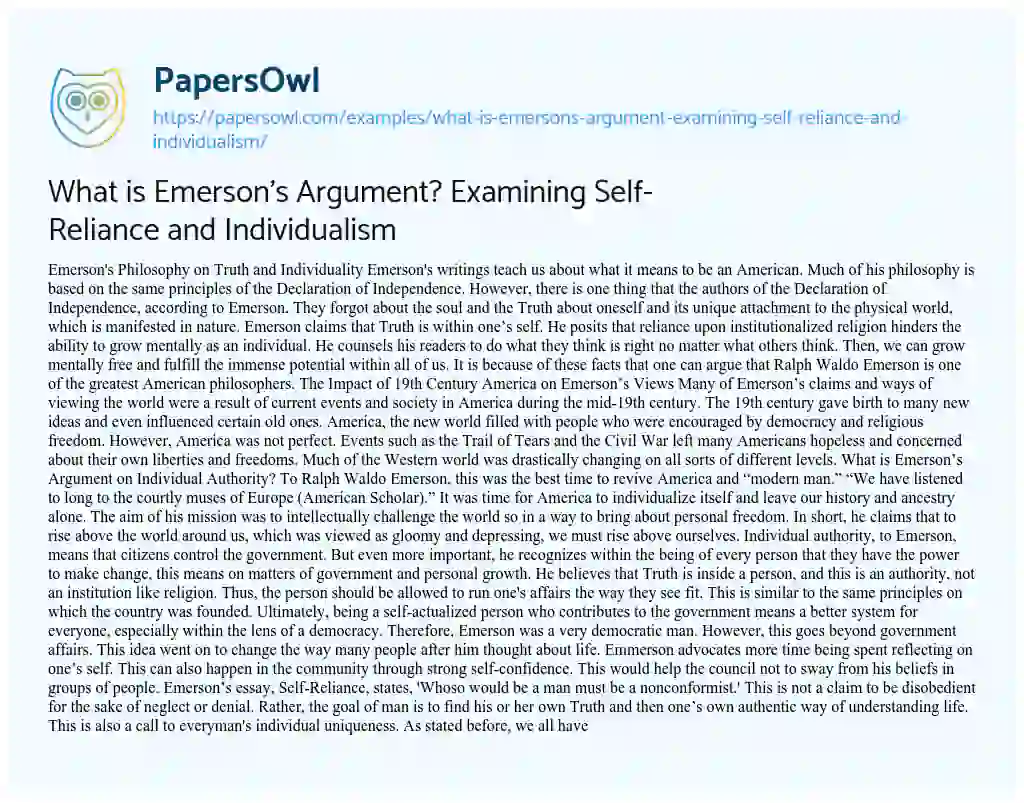 Essay on What is Emerson’s Argument? Examining Self-Reliance and Individualism