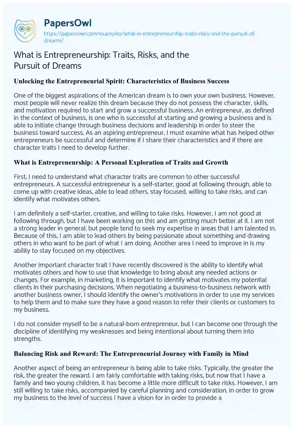 Essay on What is Entrepreneurship: Traits, Risks, and the Pursuit of Dreams