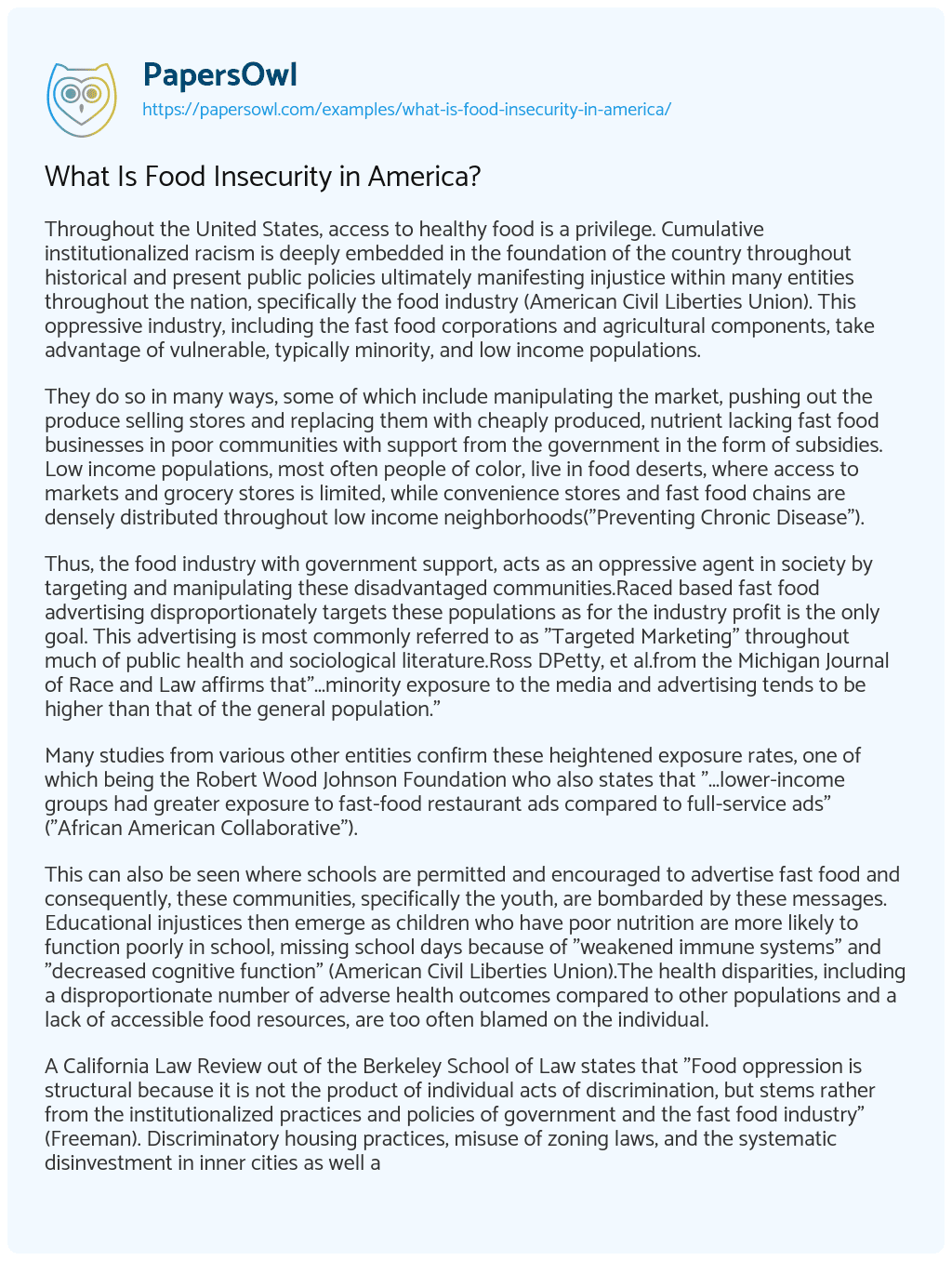 Essay on What is Food Insecurity in America?