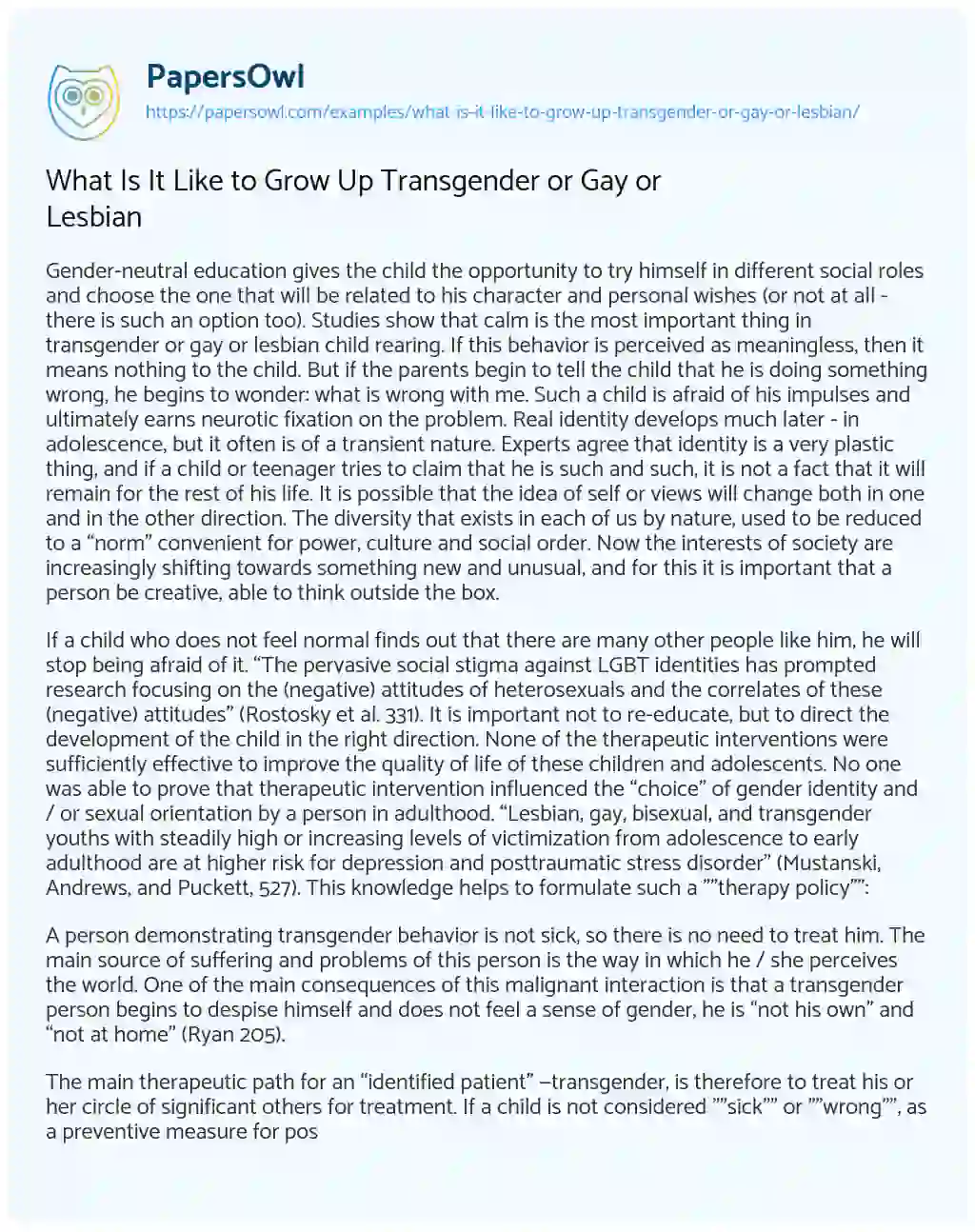 Essay on What is it Like to Grow up Transgender or Gay or Lesbian