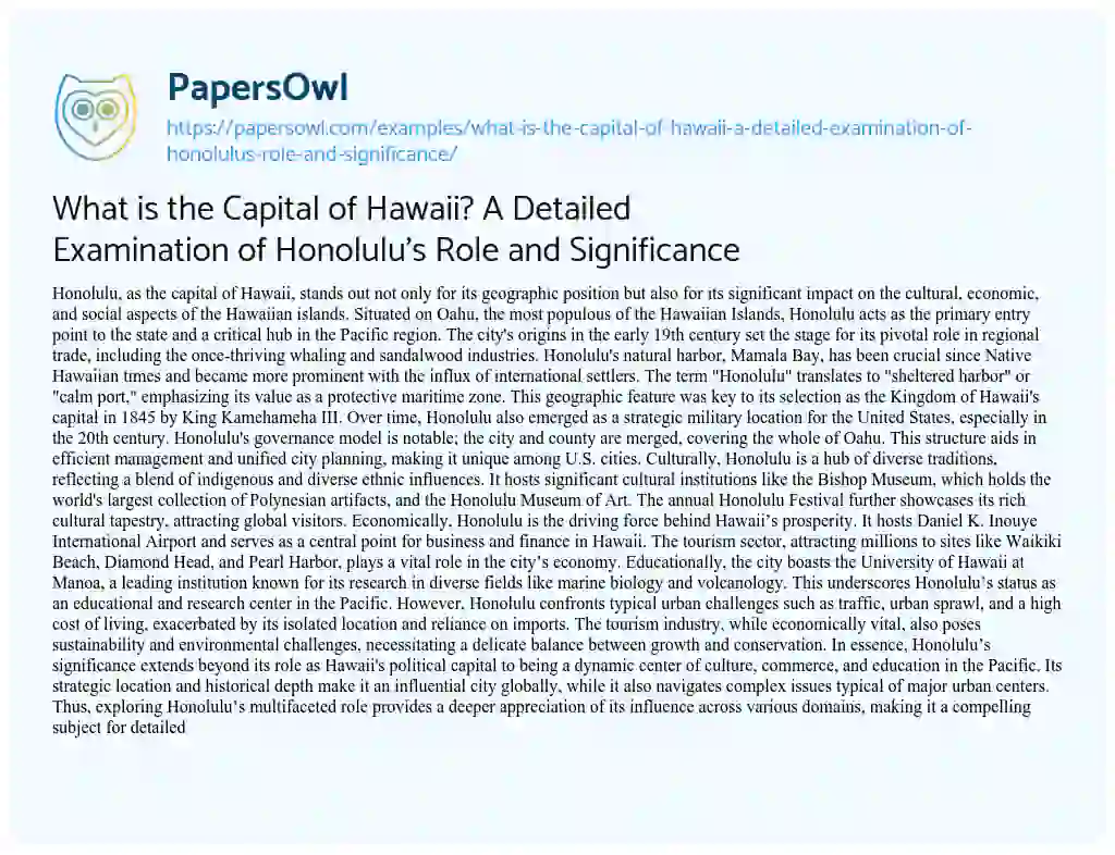 Essay on What is the Capital of Hawaii? a Detailed Examination of Honolulu’s Role and Significance