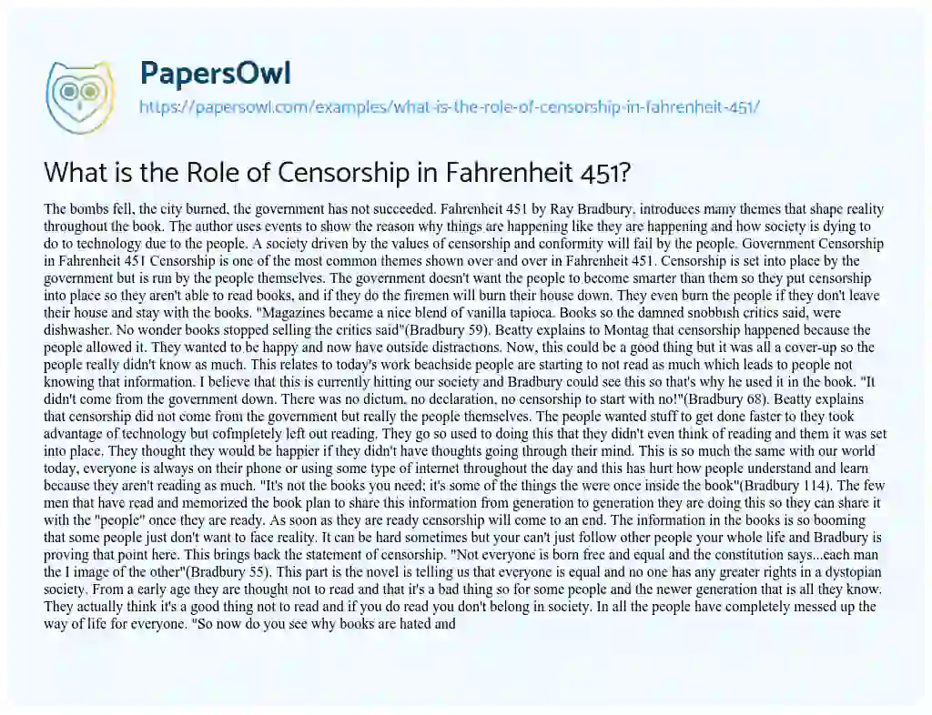 Essay on What is the Role of Censorship in Fahrenheit 451?