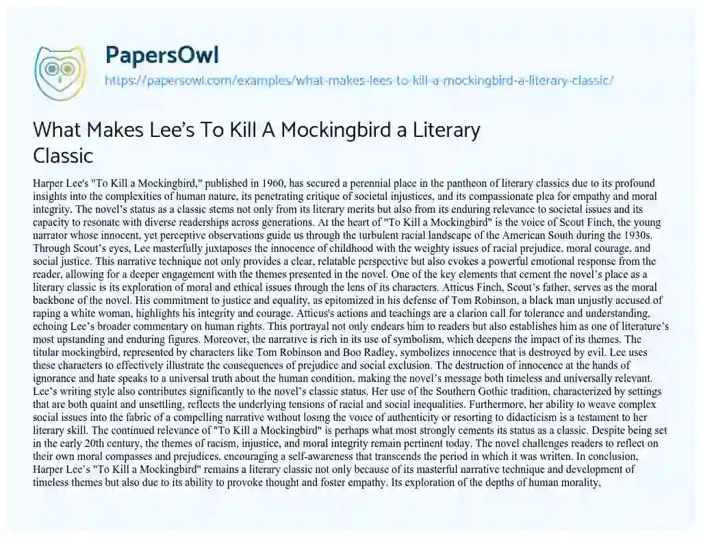 Essay on What Makes Lee’s to Kill a Mockingbird a Literary Classic