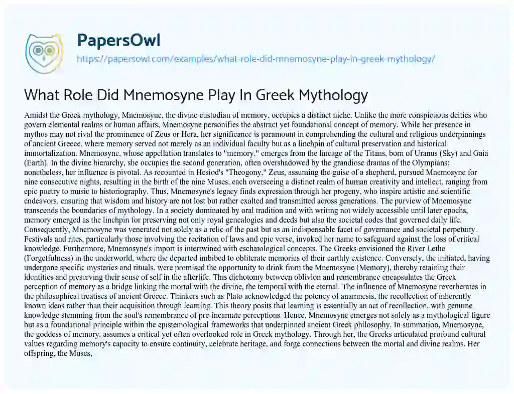 Essay on What Role did Mnemosyne Play in Greek Mythology