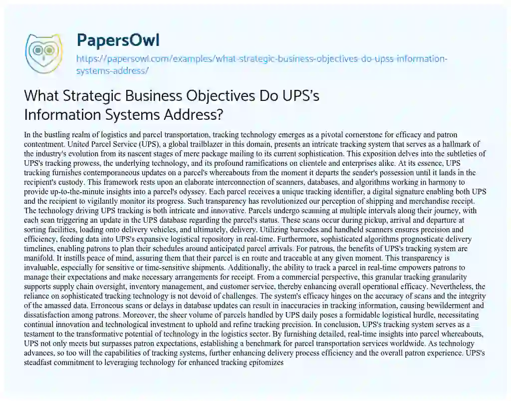 Essay on What Strategic Business Objectives do UPS’s Information Systems Address?