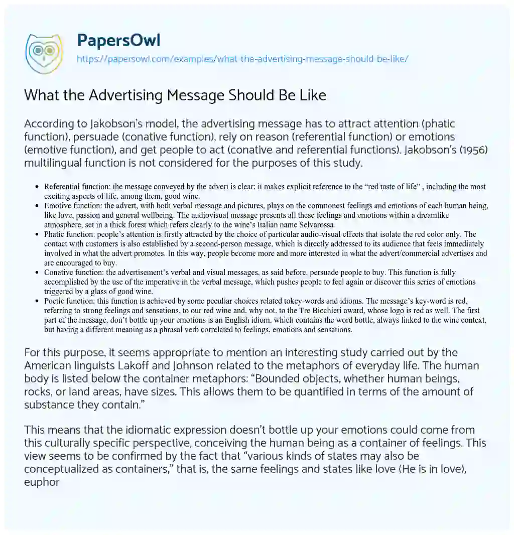 Essay on What the Advertising Message should be Like