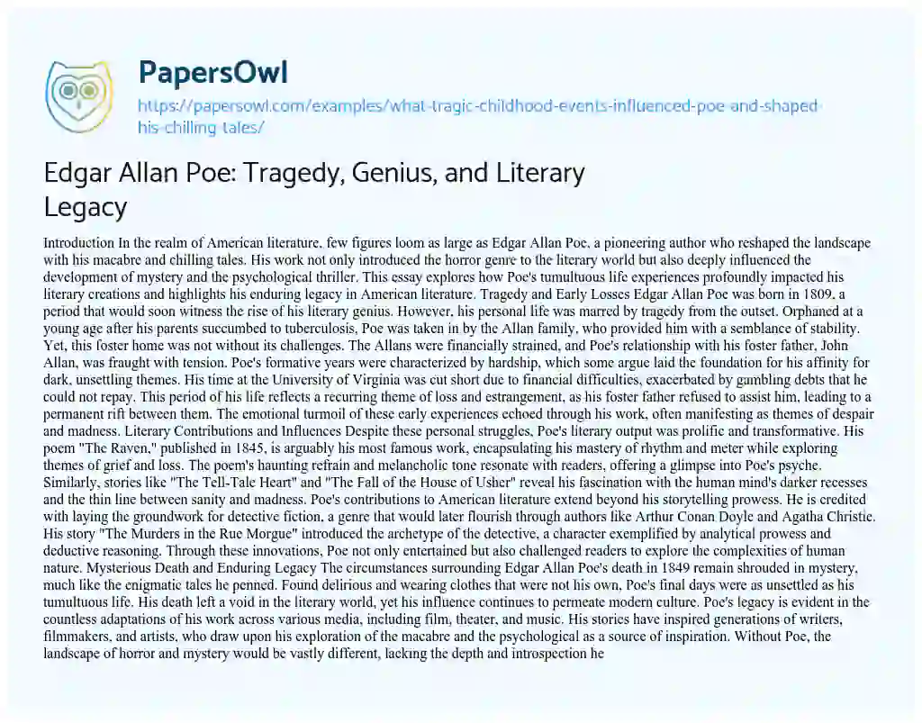 Essay on What Tragic Childhood Events Influenced Poe and Shaped his Chilling Tales