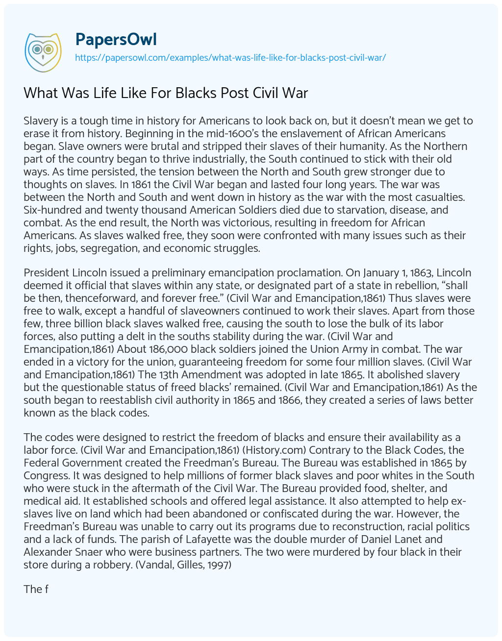 What was Life Like for Blacks Post Civil War What was Life Like for Blacks Post Civil War essay