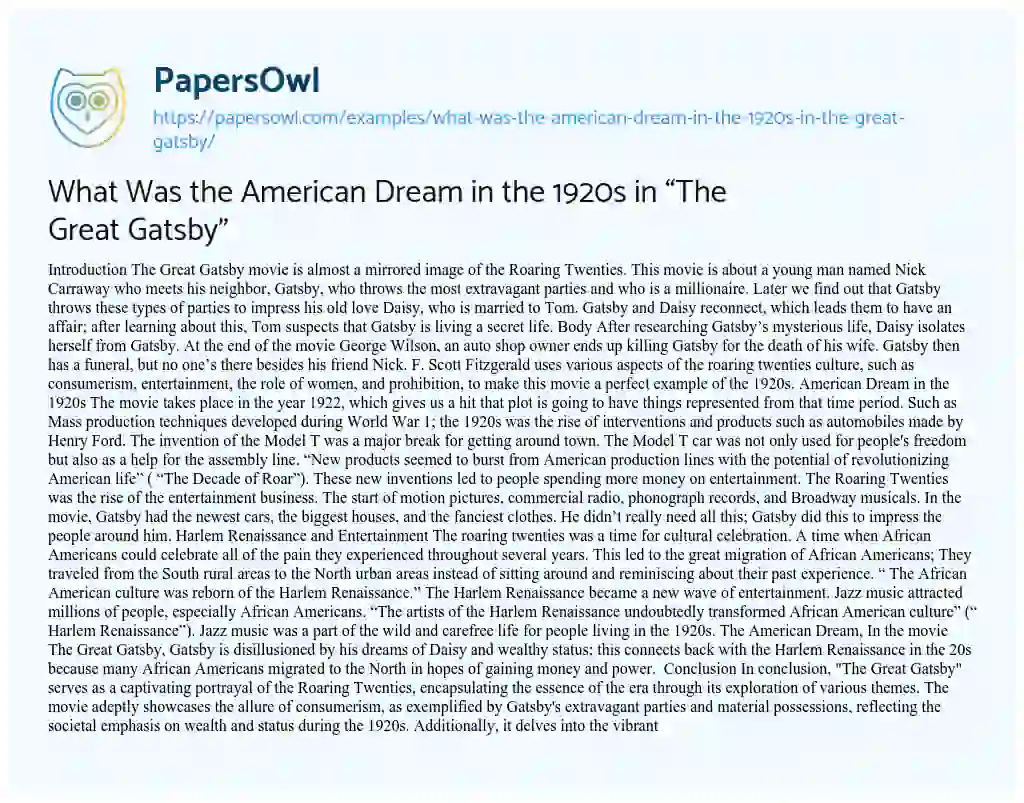 Essay on What was the American Dream in the 1920s in “The Great Gatsby”