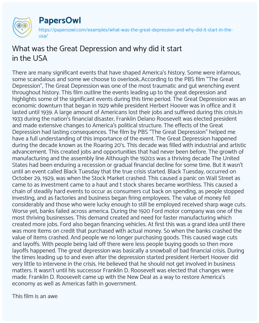 Essay on What was the Great Depression and why did it Start in the USA