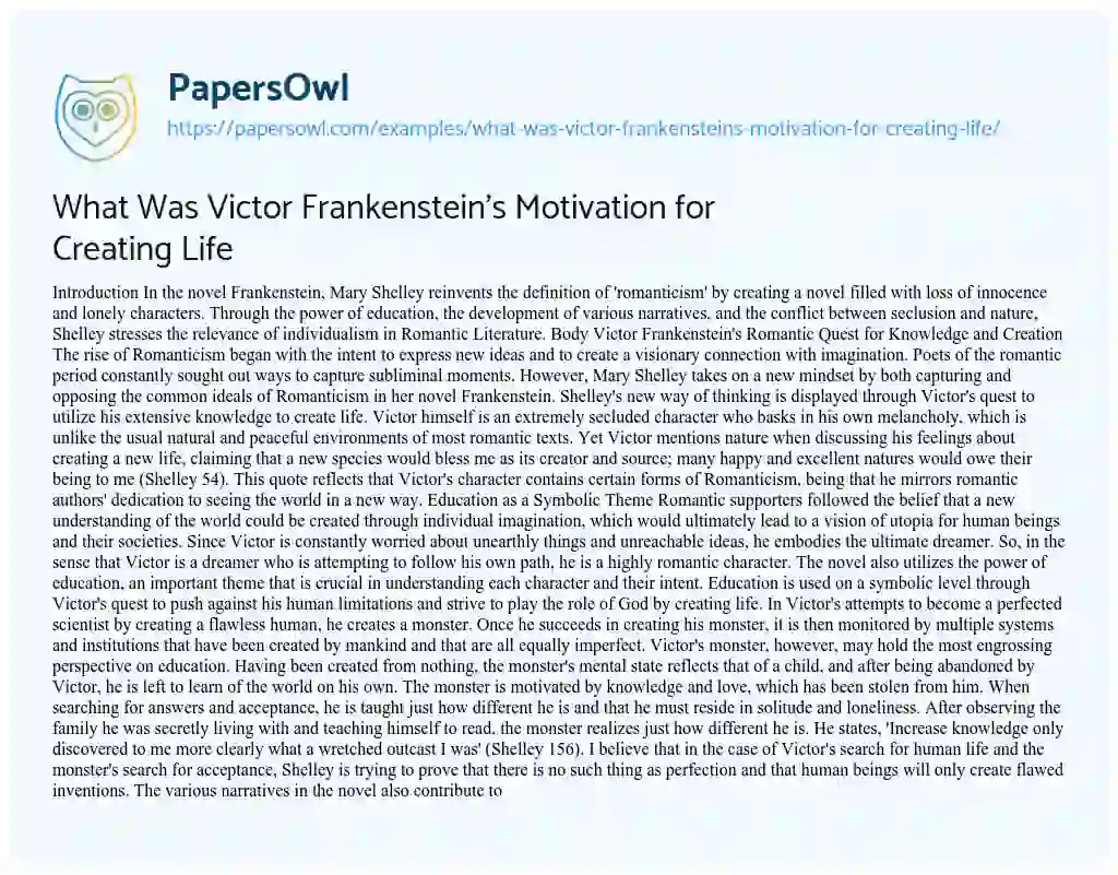 Essay on What was Victor Frankenstein’s Motivation for Creating Life