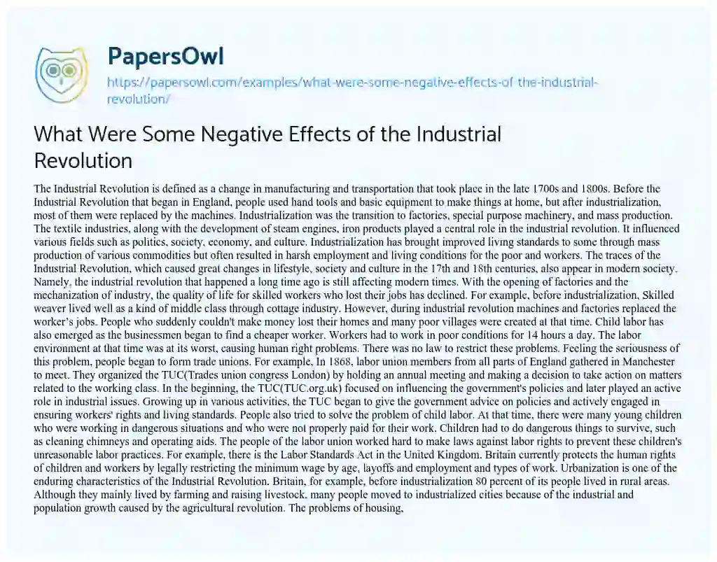 Essay on What were some Negative Effects of the Industrial Revolution