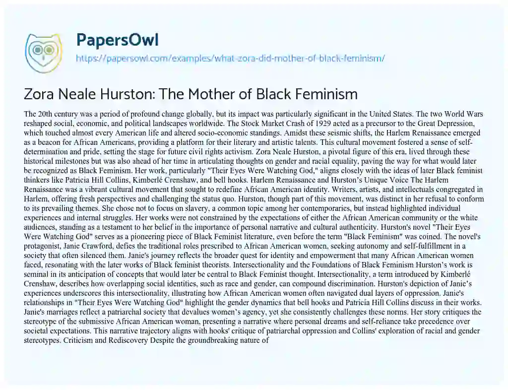 Essay on What Zora Did: Mother of Black Feminism