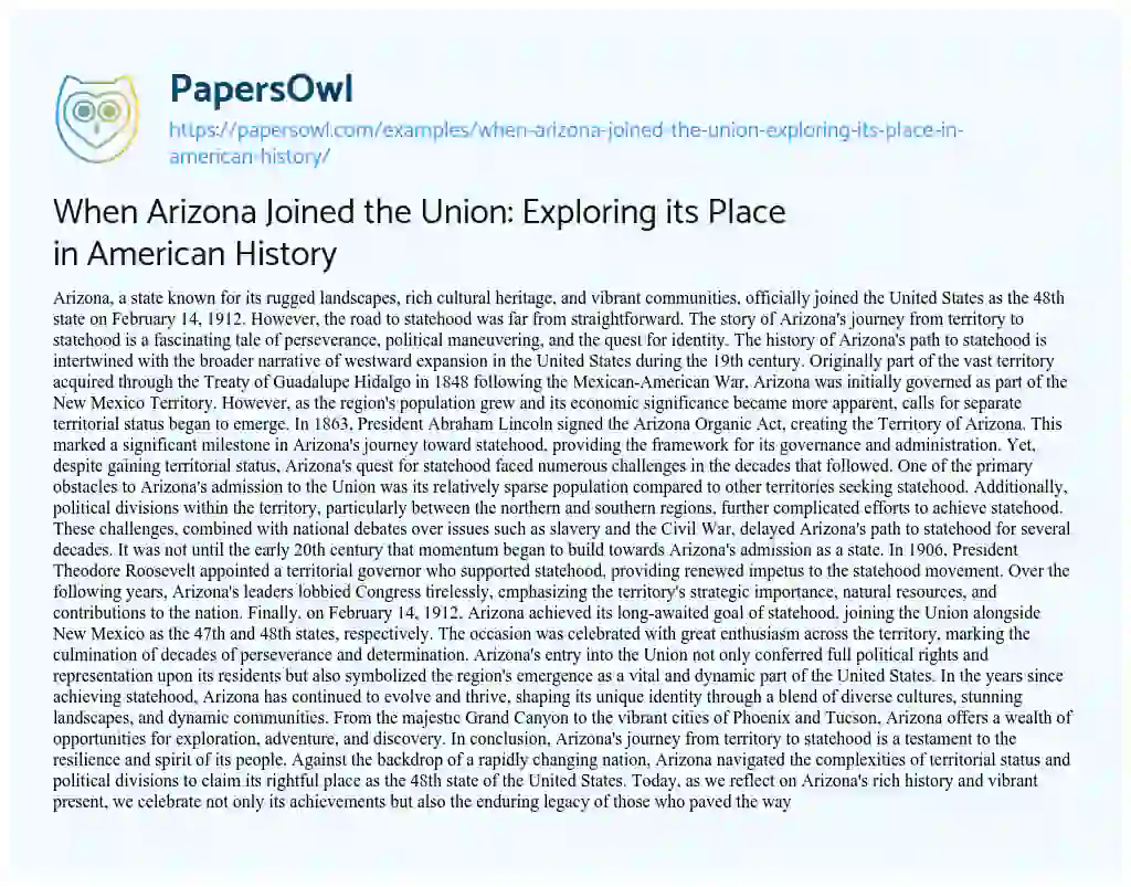 Essay on When Arizona Joined the Union: Exploring its Place in American History