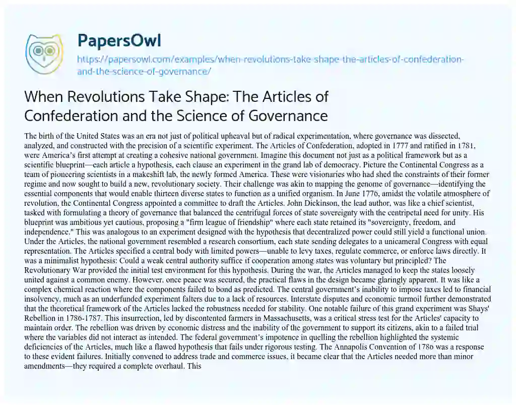 Essay on When Revolutions Take Shape: the Articles of Confederation and the Science of Governance