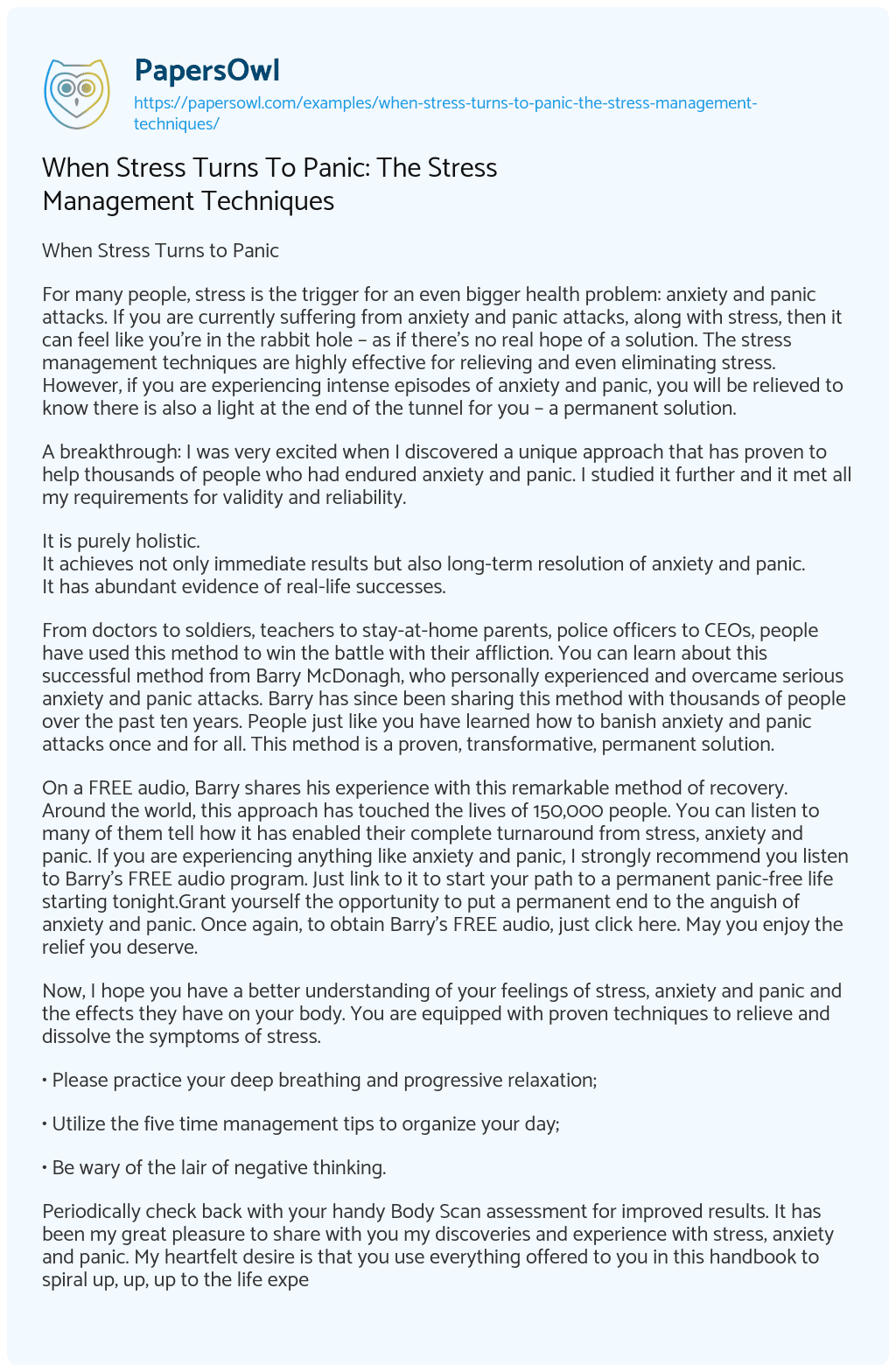 Essay on When Stress Turns to Panic: the Stress Management Techniques