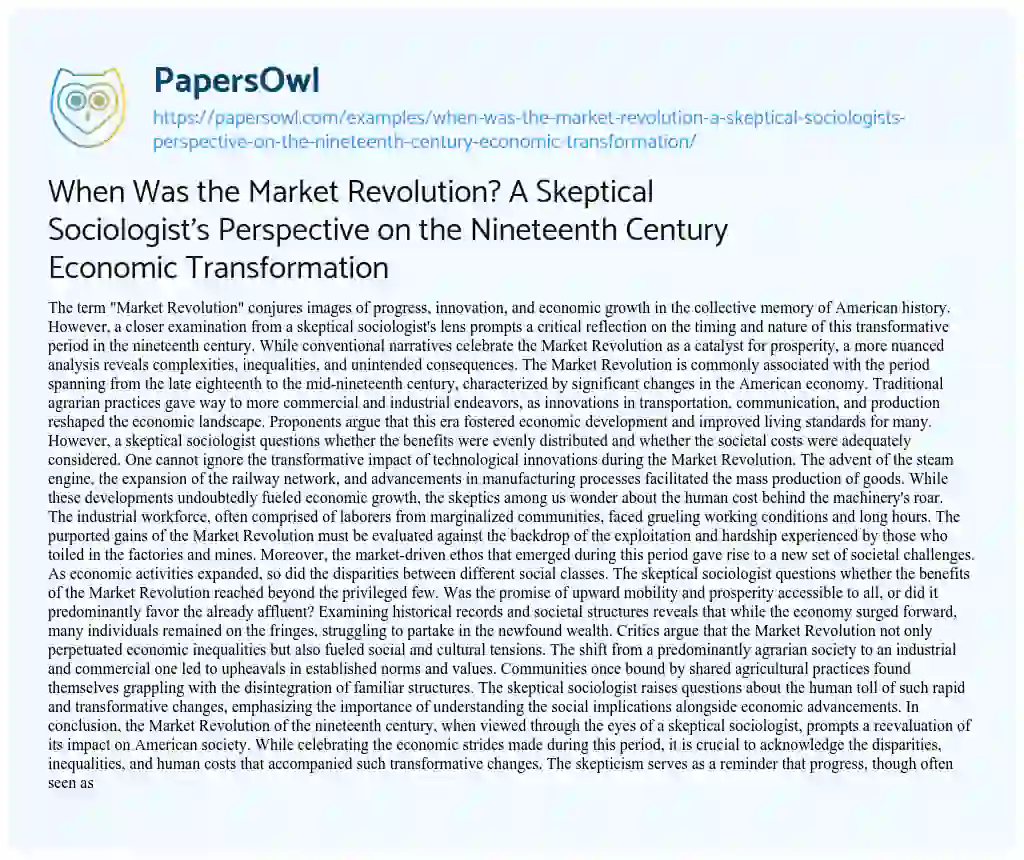 Essay on When was the Market Revolution? a Skeptical Sociologist’s Perspective on the Nineteenth Century Economic Transformation