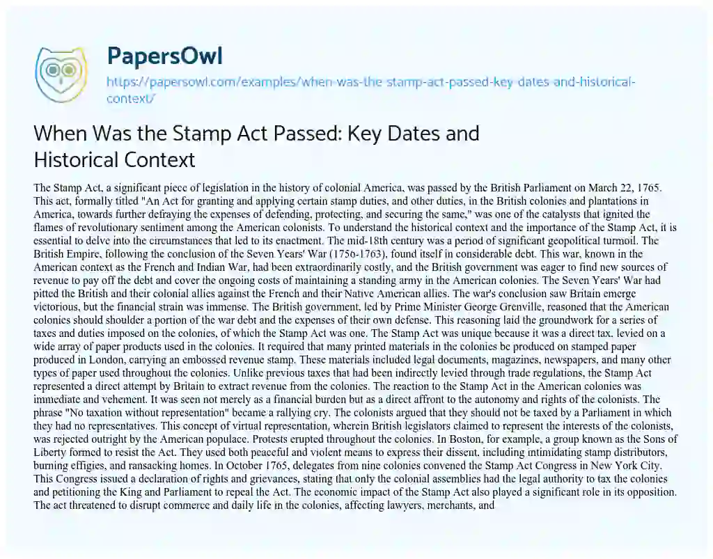 Essay on When was the Stamp Act Passed: Key Dates and Historical Context