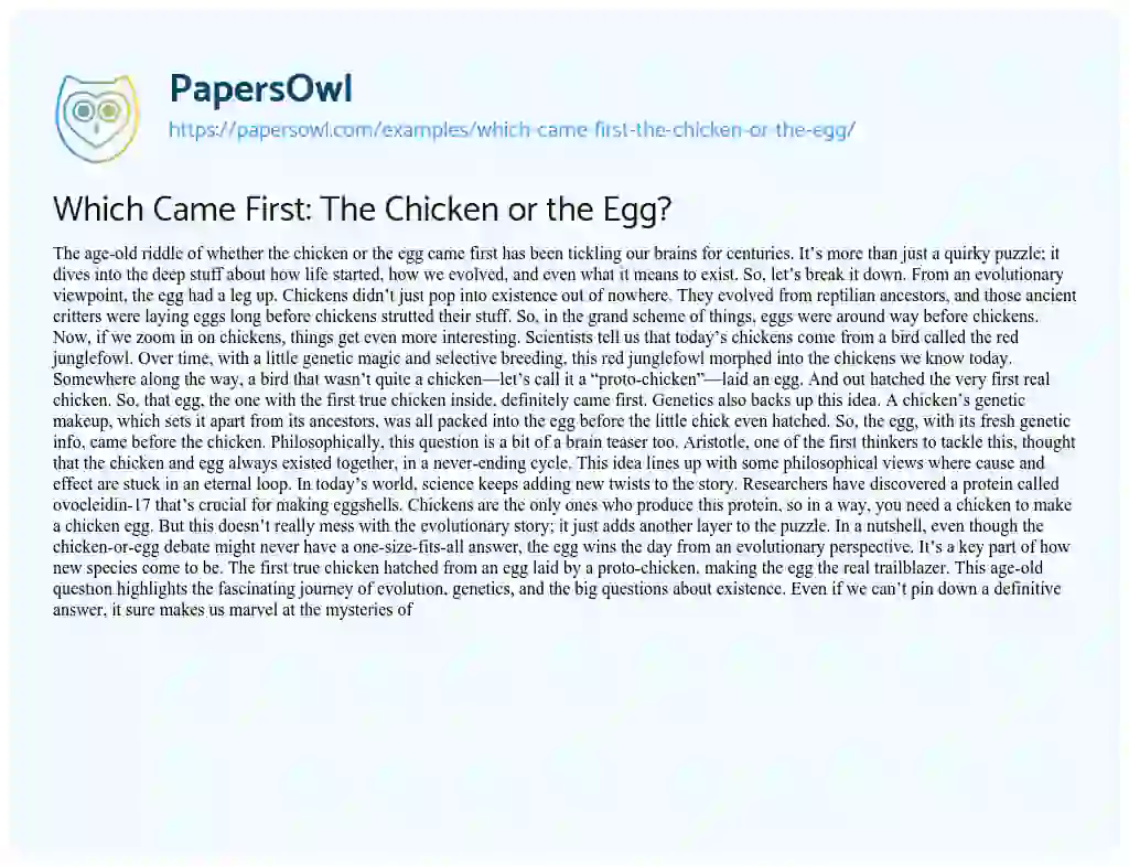 Essay on Which Came First: The Chicken or the Egg?