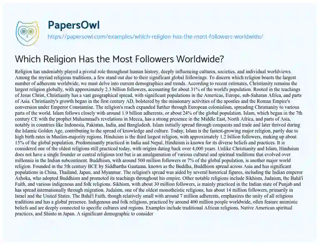 Essay on Which Religion has the most Followers Worldwide?