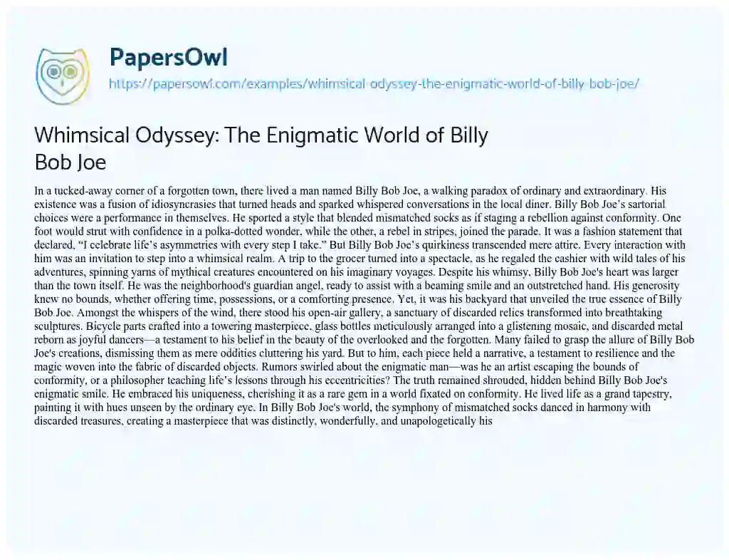 Essay on Whimsical Odyssey: the Enigmatic World of Billy Bob Joe