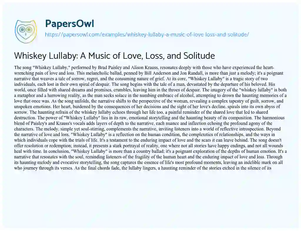 Essay on Whiskey Lullaby: a Music of Love, Loss, and Solitude