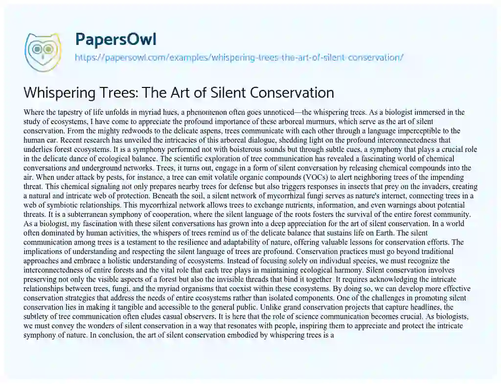 Essay on Whispering Trees: the Art of Silent Conservation