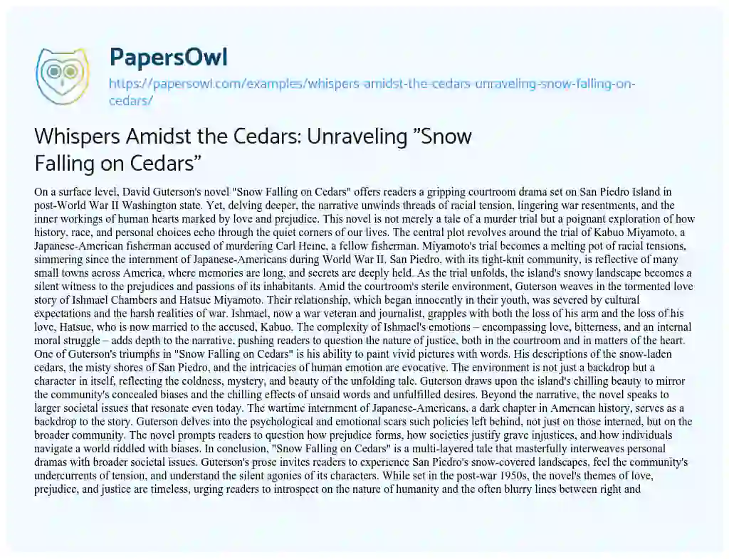 Essay on Whispers Amidst the Cedars: Unraveling “Snow Falling on Cedars”