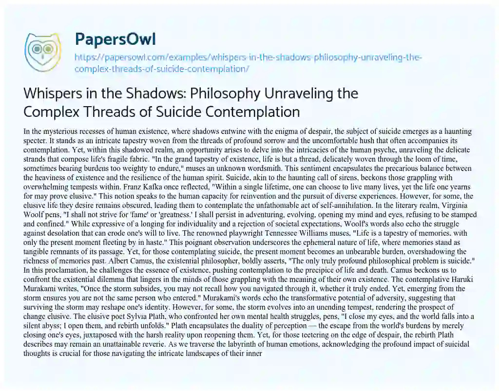 Essay on Whispers in the Shadows: Philosophy Unraveling the Complex Threads of Suicide Contemplation