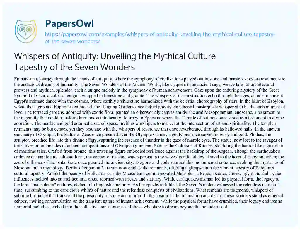 Essay on Whispers of Antiquity: Unveiling the Mythical Culture Tapestry of the Seven Wonders