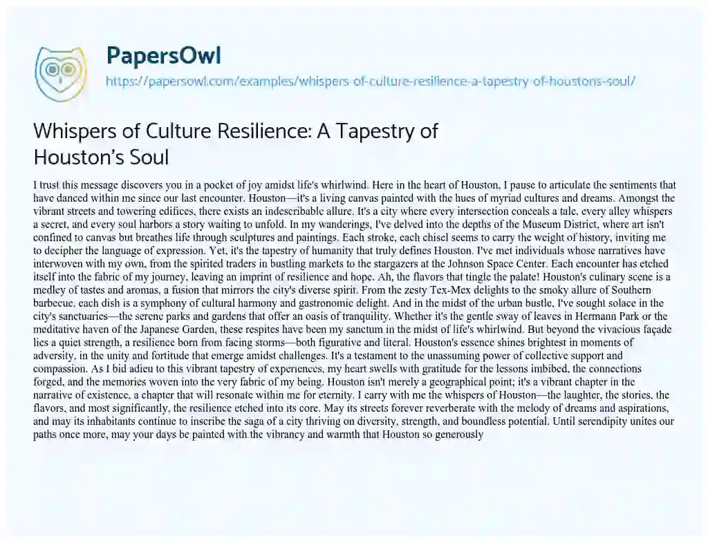 Essay on Whispers of Culture Resilience: a Tapestry of Houston’s Soul