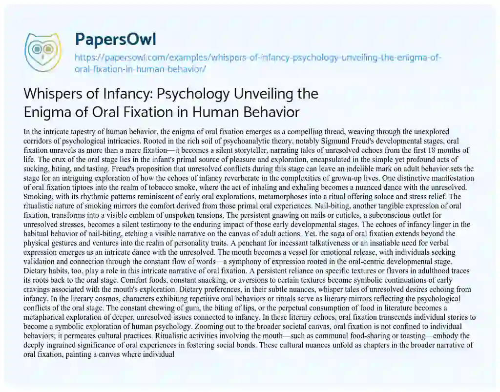 Essay on Whispers of Infancy: Psychology Unveiling the Enigma of Oral Fixation in Human Behavior