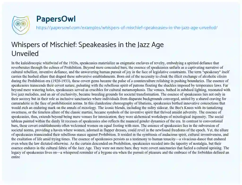 Essay on Whispers of Mischief: Speakeasies in the Jazz Age Unveiled