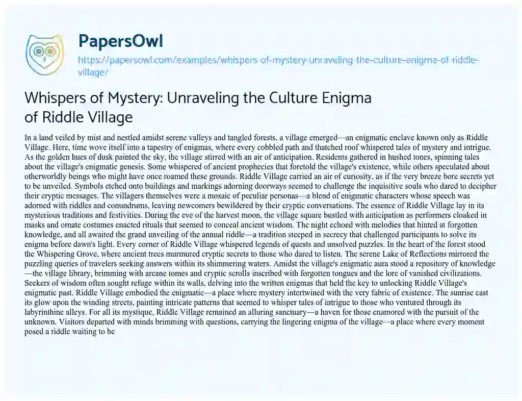 Essay on Whispers of Mystery: Unraveling the Culture Enigma of Riddle Village
