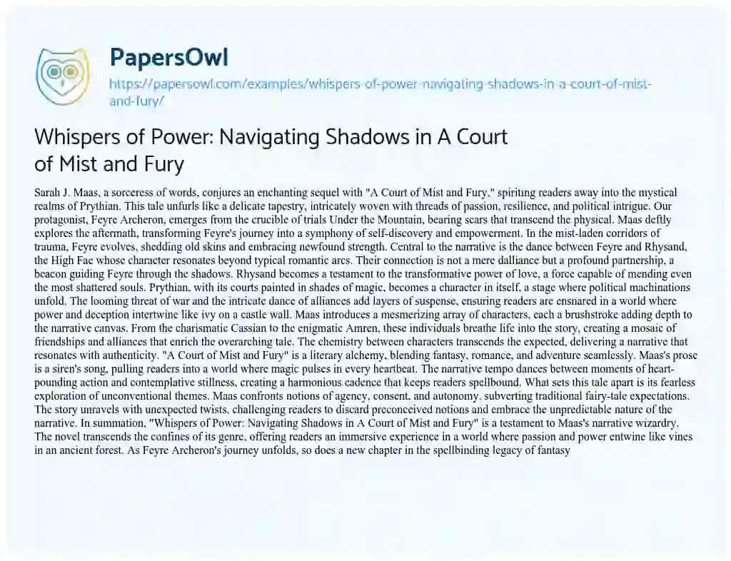 Essay on Whispers of Power: Navigating Shadows in a Court of Mist and Fury
