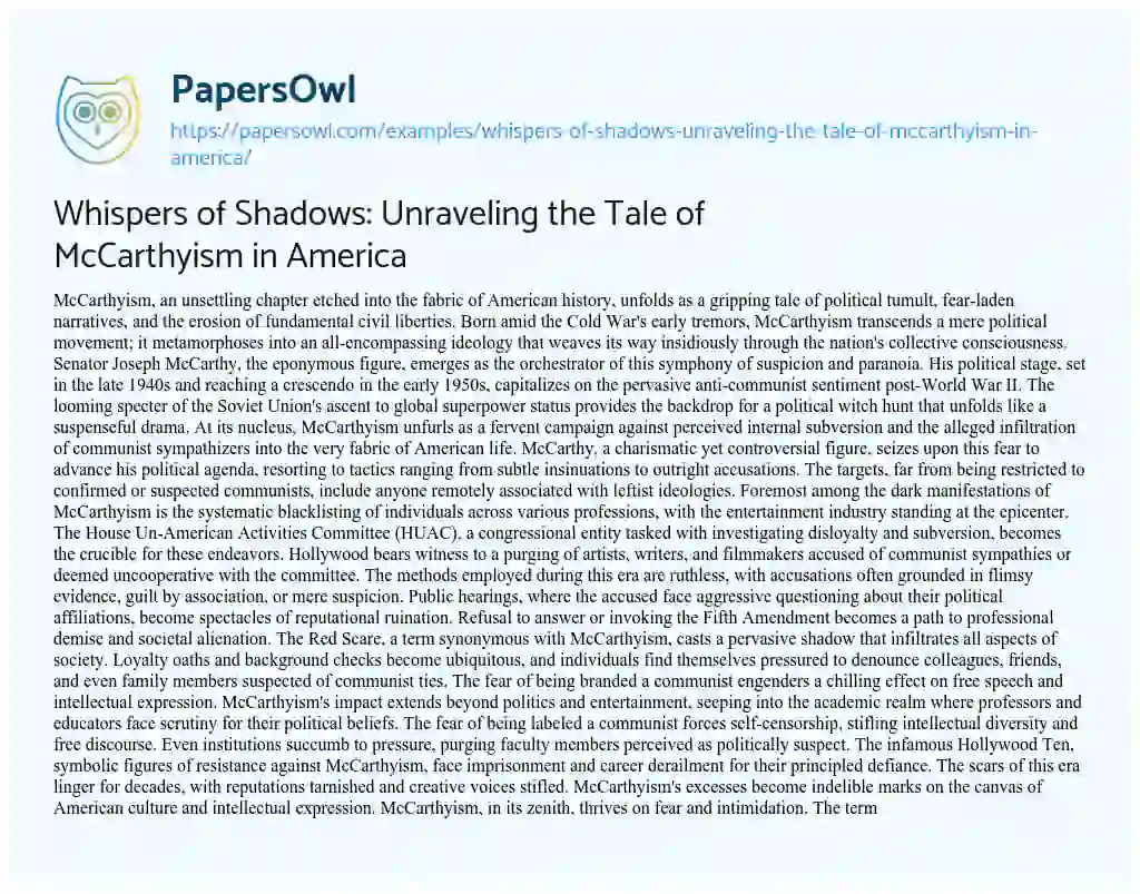 Essay on Whispers of Shadows: Unraveling the Tale of McCarthyism in America