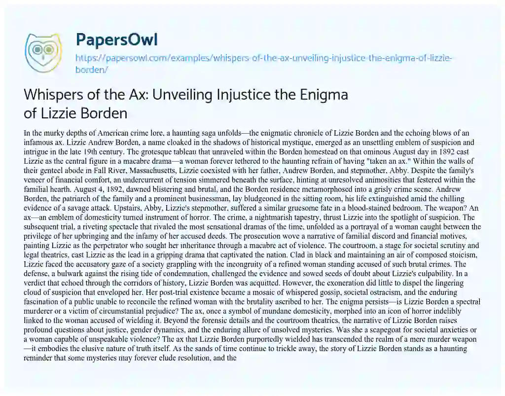 Essay on Whispers of the Ax: Unveiling Injustice the Enigma of Lizzie Borden