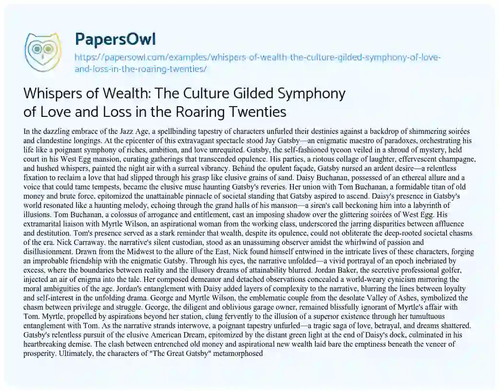 Essay on Whispers of Wealth: the Culture Gilded Symphony of Love and Loss in the Roaring Twenties