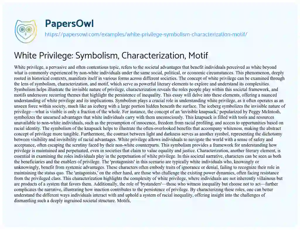 Essay on White Privilege: Symbolism, Characterization, Motif