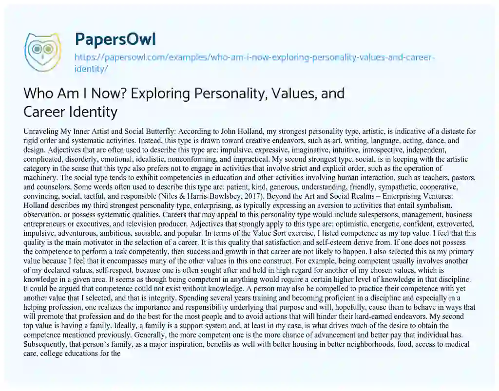Essay on Who am i Now? Exploring Personality, Values, and Career Identity