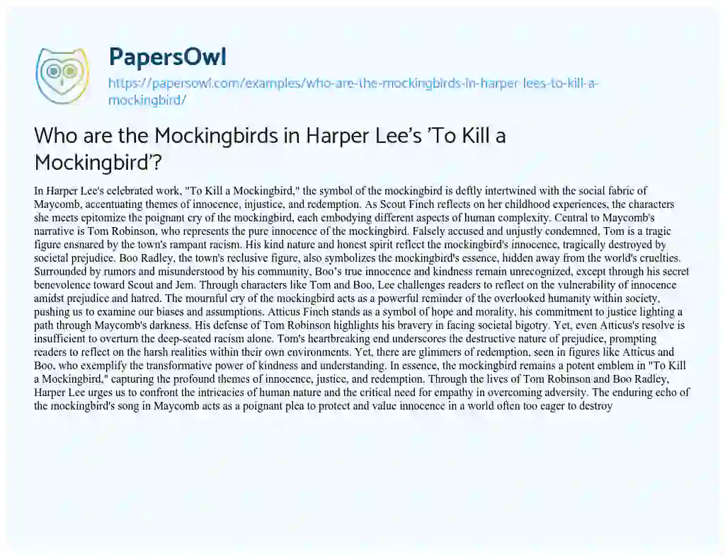 Essay on Who are the Mockingbirds in Harper Lee’s ‘To Kill a Mockingbird’?