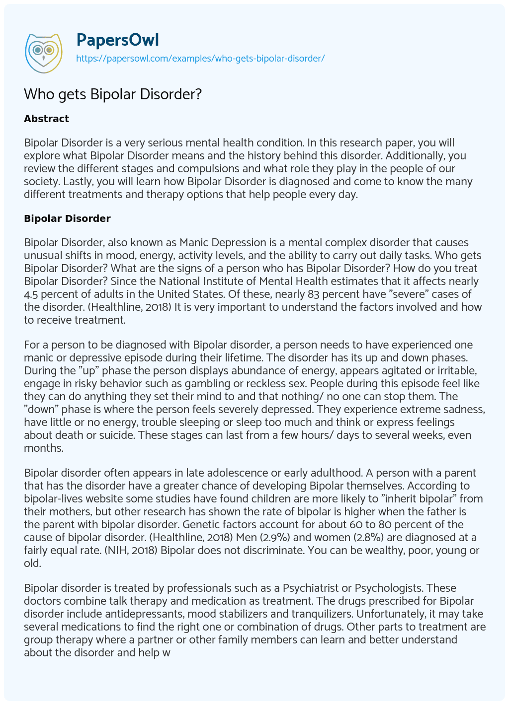 Essay on Who Gets Bipolar Disorder?