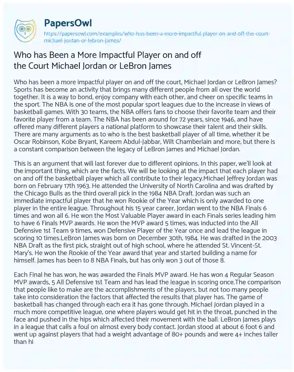 Essay on Who has been a more Impactful Player on and off the Court Michael Jordan or LeBron James