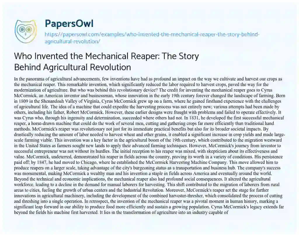 Essay on Who Invented the Mechanical Reaper: the Story Behind Agricultural Revolution