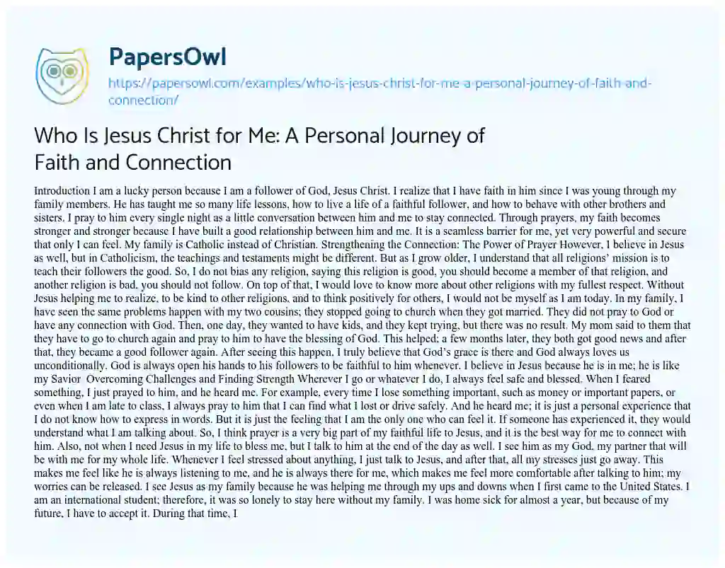 Essay on Who is Jesus Christ for Me: a Personal Journey of Faith and Connection