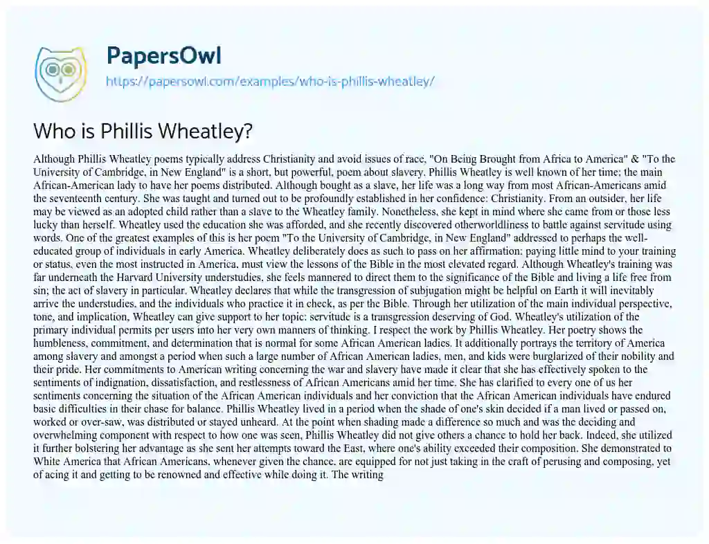 Essay on Who is Phillis Wheatley?