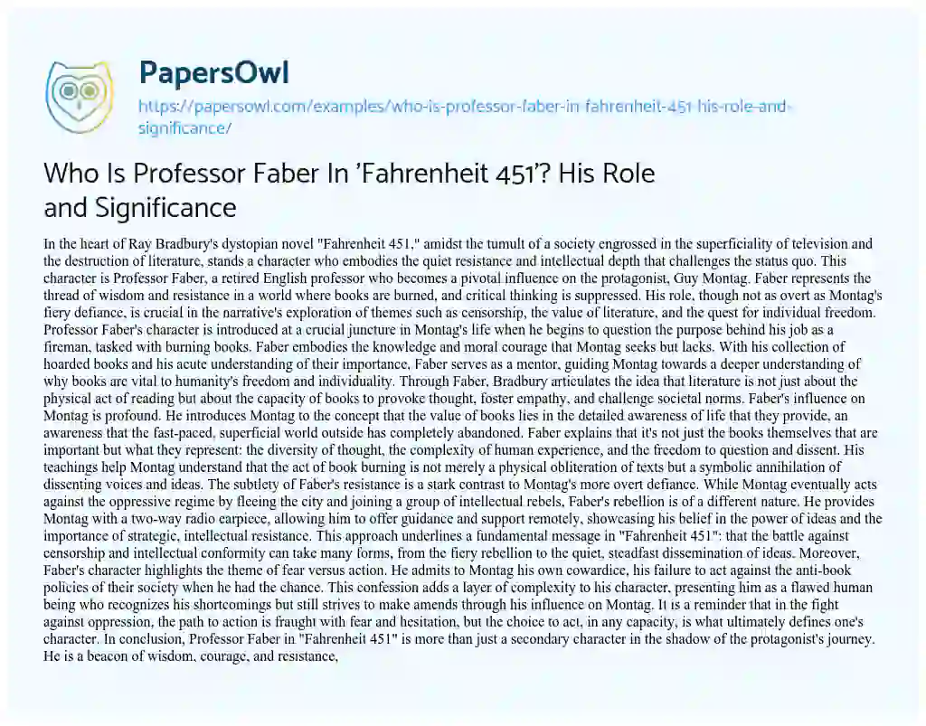 Essay on Who Is Professor Faber In ‘Fahrenheit 451’? His Role and Significance
