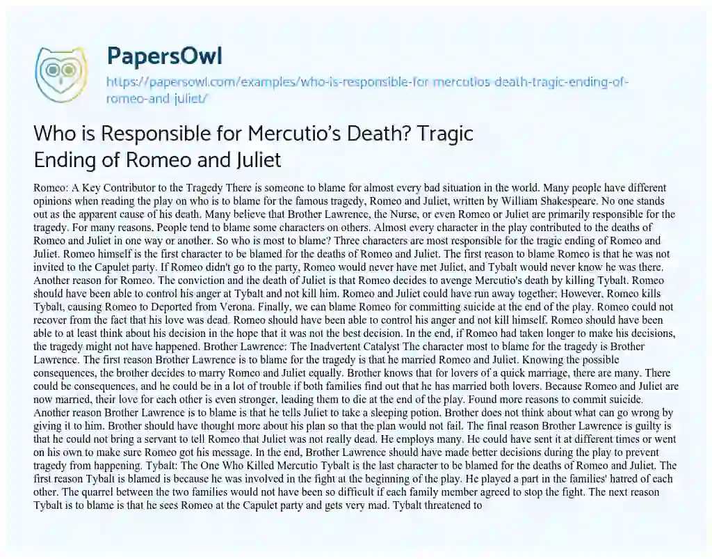 Essay on Who is Responsible for Mercutio’s Death? Tragic Ending of Romeo and Juliet