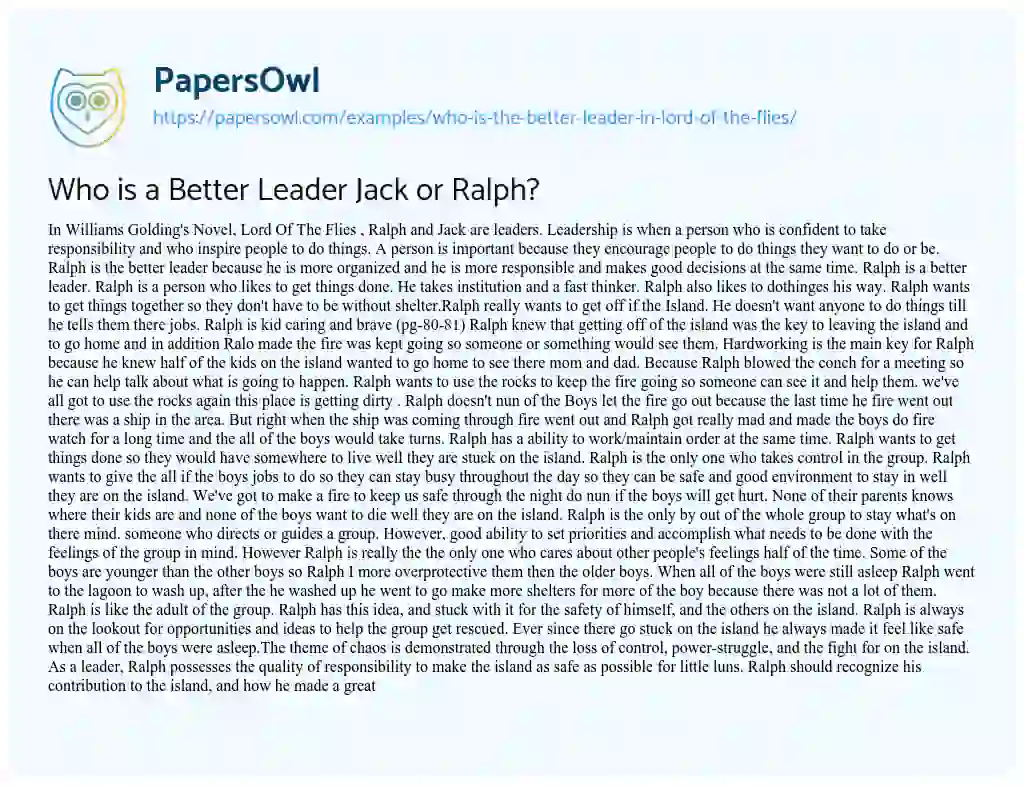 Essay on Who is a Better Leader Jack or Ralph?