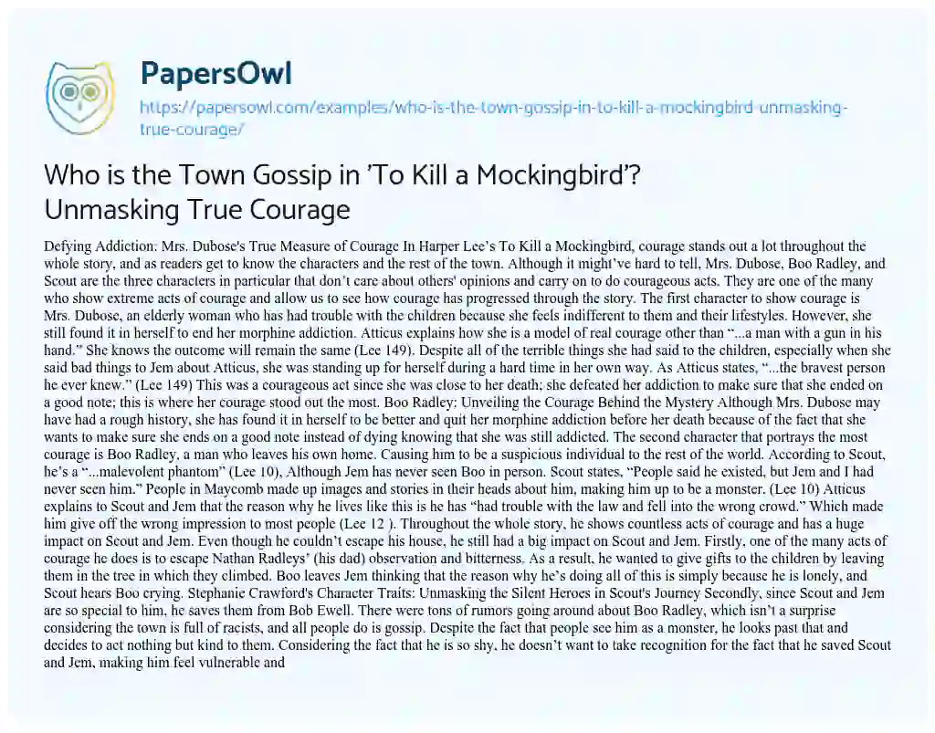 Essay on Who is the Town Gossip in ‘To Kill a Mockingbird’? Unmasking True Courage